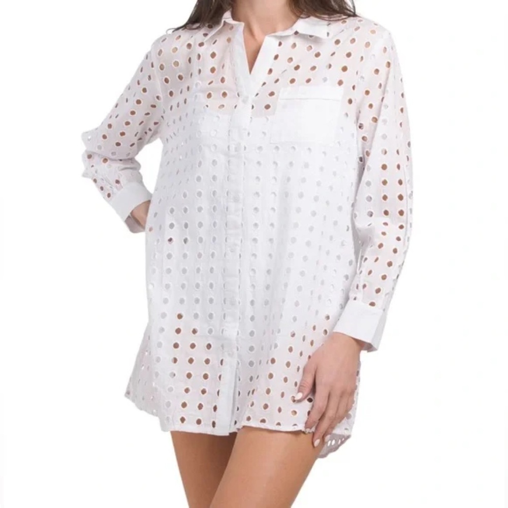 True Destinations White Eyelet Swim Cover Up Large